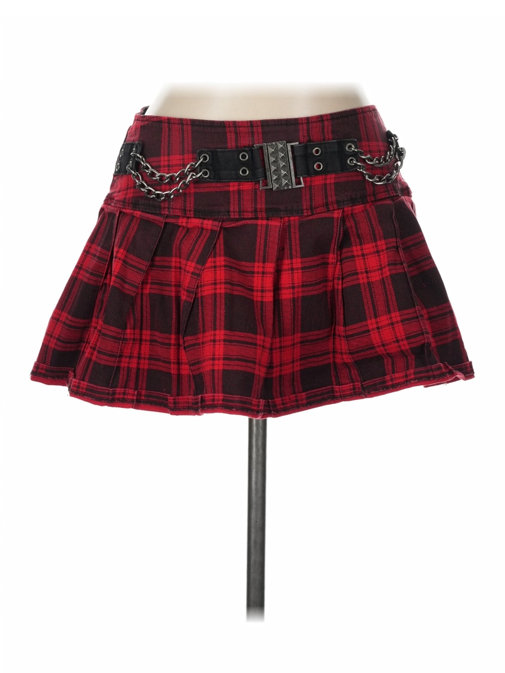 Tripp NYC Red and Black Plaid Pleated Mini Skirt with Studded Chain Belt